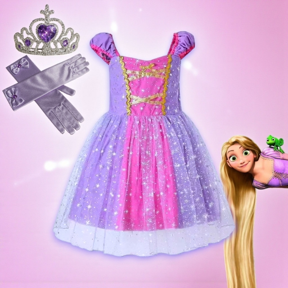 3T Rapunzel Tangled Costume Dress W/ Crown & Gloves Princess Dress Up Play Set - Picture 2 of 12